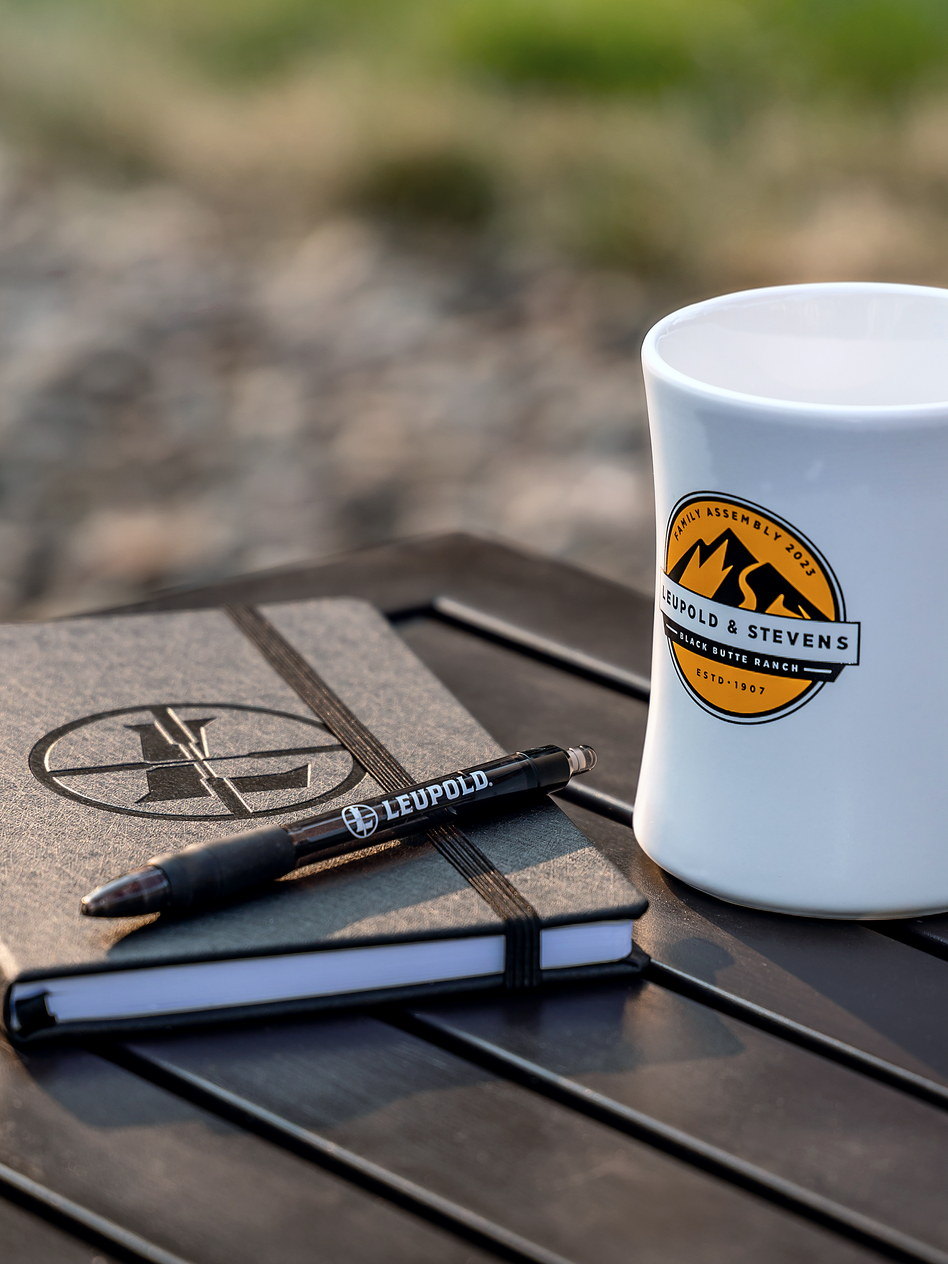 Branded notebook, pen and mug produced for Leupold & Stevens