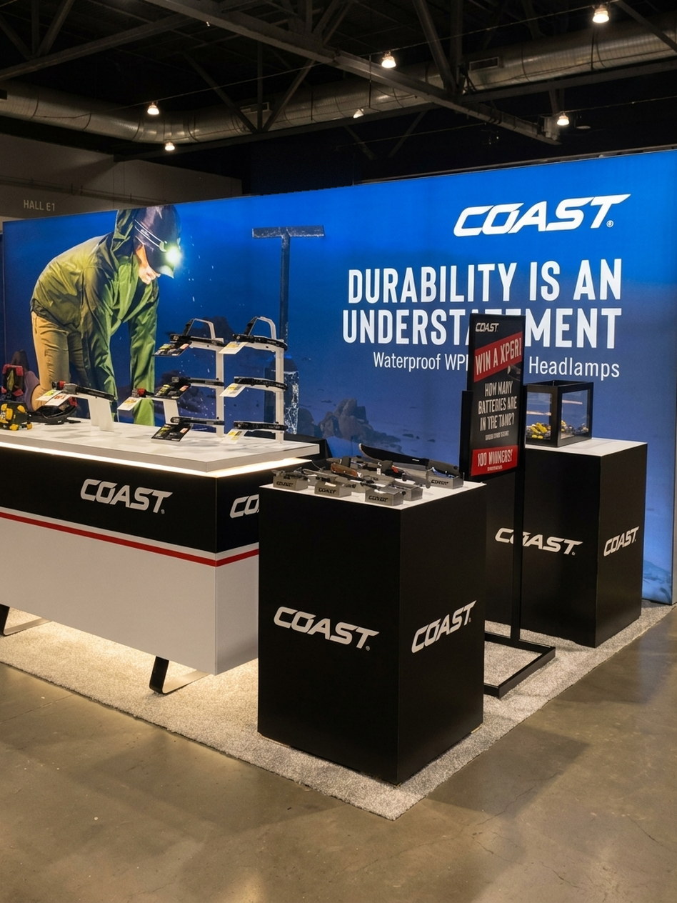 COAST trade show booth with backlit graphic wall, product counters and branded pedestals