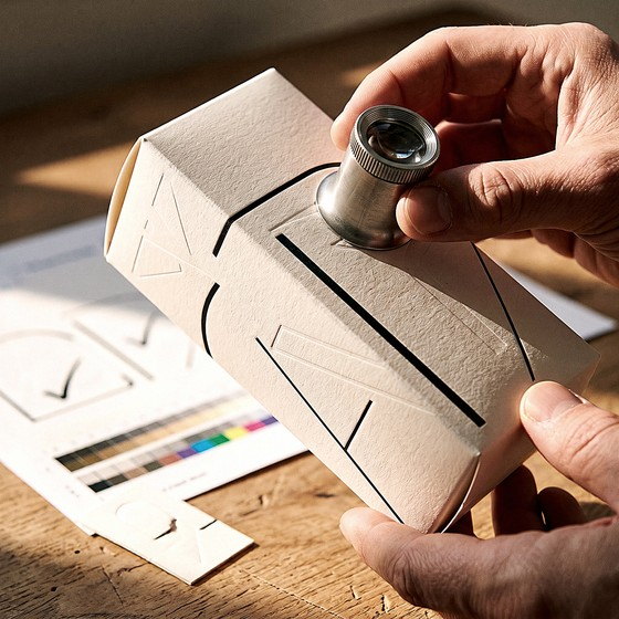 Hands holding a printed QA checklist over a finished, ribboned presentation box