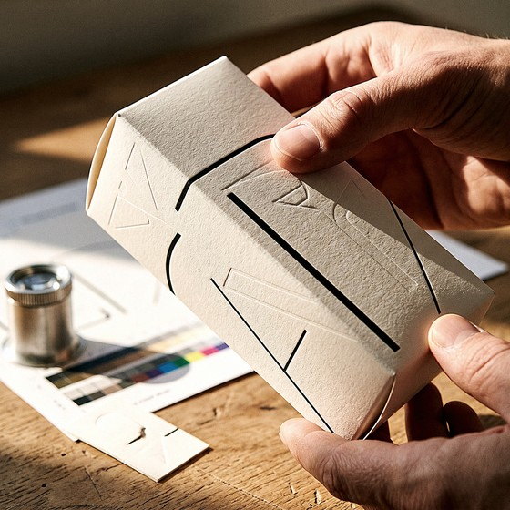 Hands inspecting the edge of a folded presentation box beside a loupe and printed color control bar
